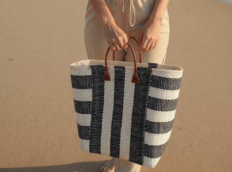 Black and Cream Striped Sisal Beach Basket - The Hideaway