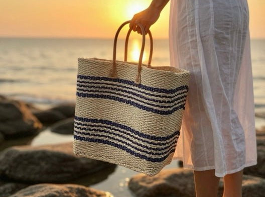 Blue and Cream Striped Sisal Beach Basket - The Hideaway