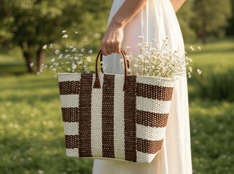 Brown and Cream Striped Sisal Beach Basket - The Hideaway