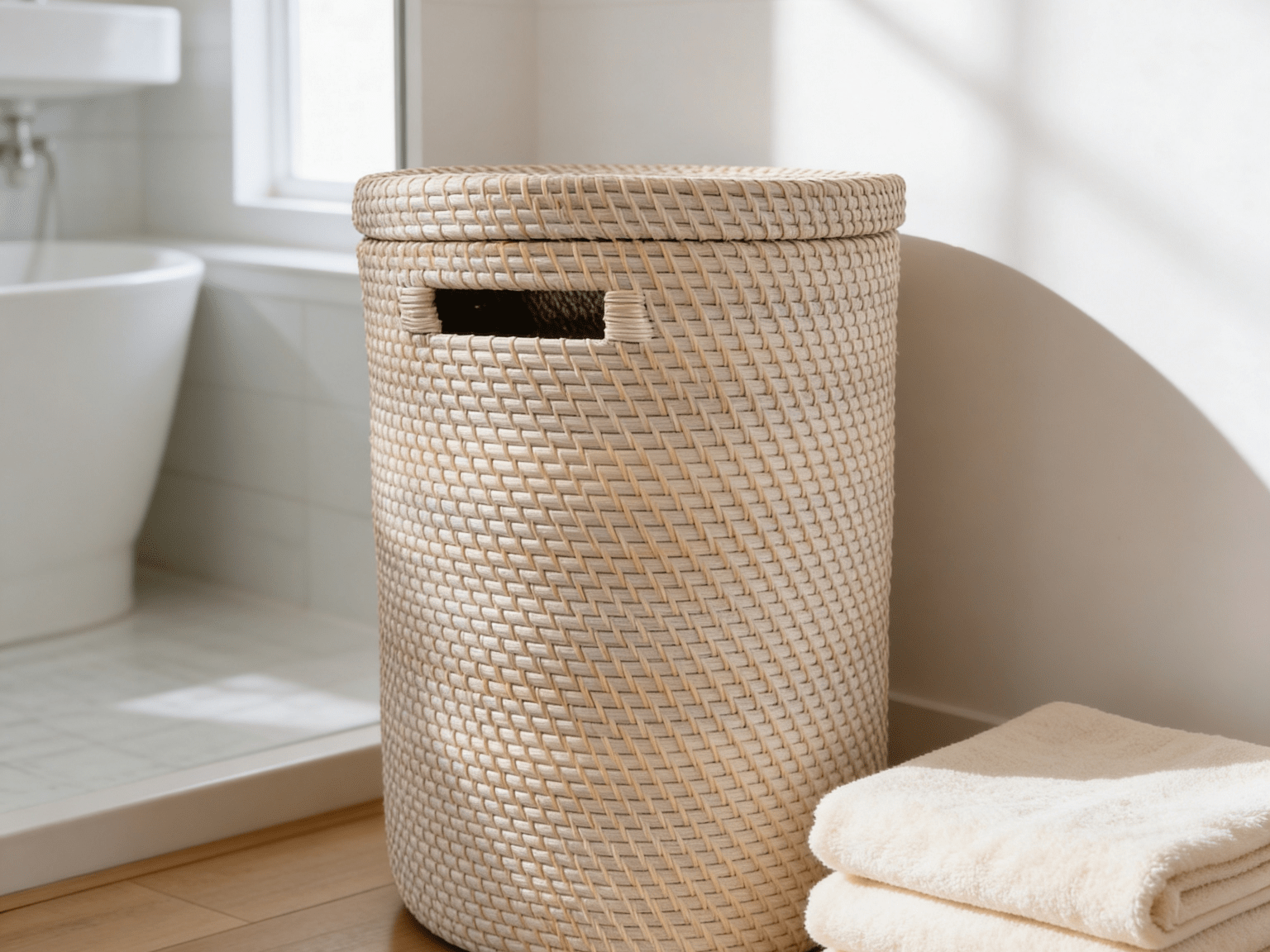 Whitewash Rattan Cylinder Laundry Basket with Lid - The Hideaway