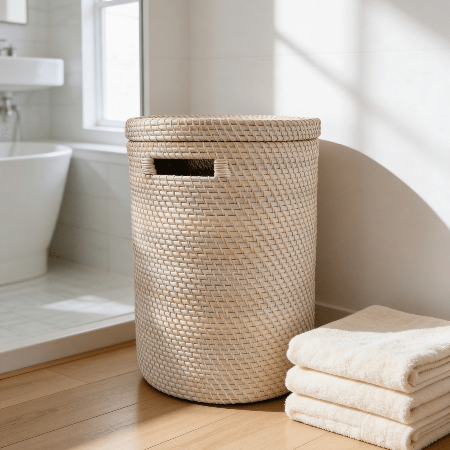Whitewash Rattan Cylinder Laundry Basket with Lid - The Hideaway