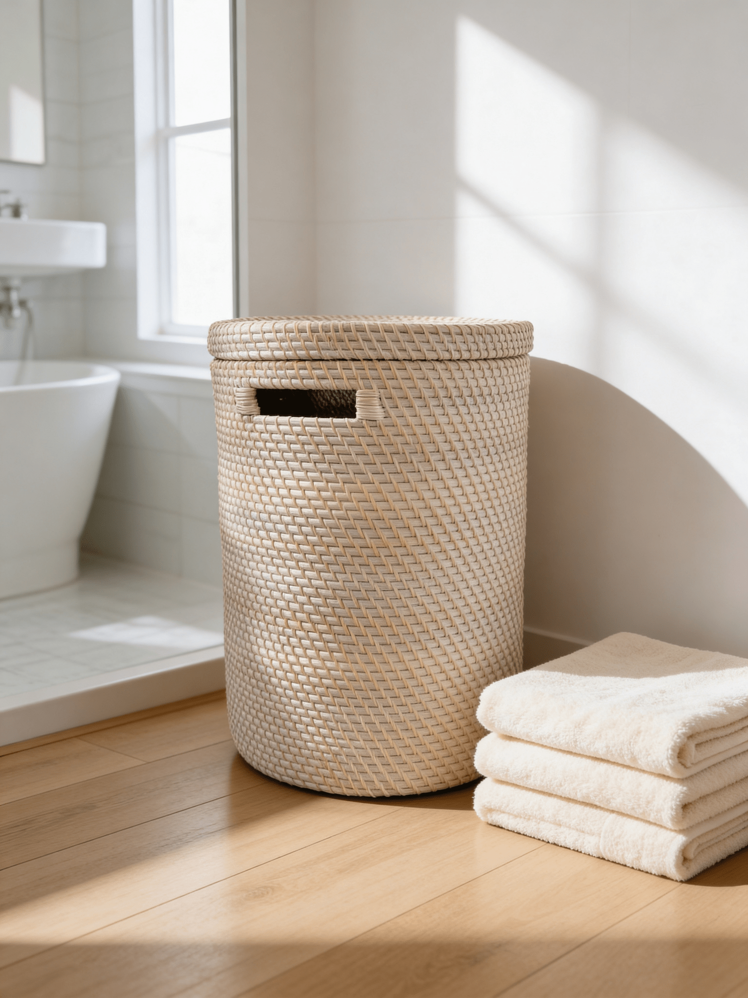 Whitewash Rattan Cylinder Laundry Basket with Lid - The Hideaway