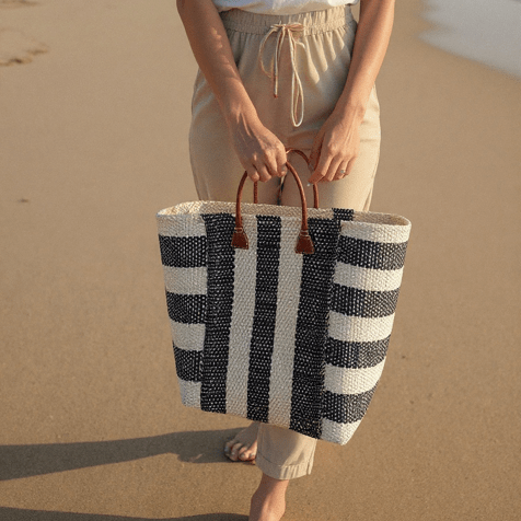 Black and Cream Striped Sisal Beach Basket - The Hideaway