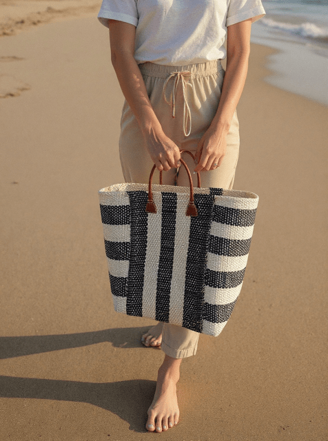 Black and Cream Striped Sisal Beach Basket - The Hideaway
