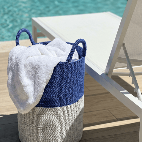 Blue and White Seagrass Laundry Basket - The Hideaway