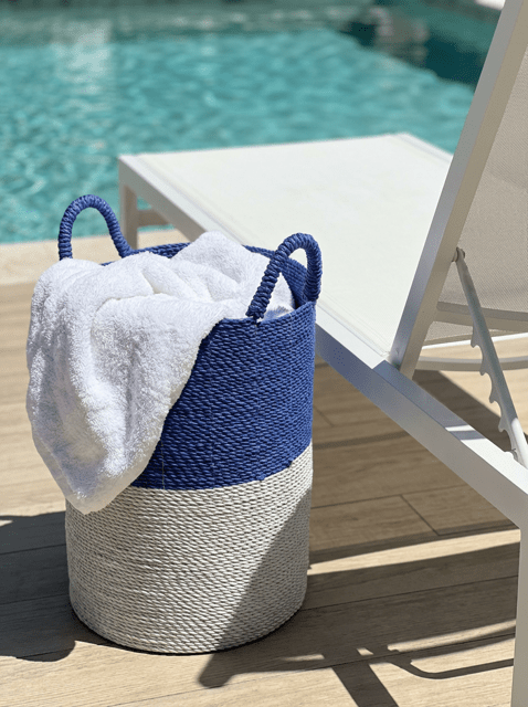 Blue and White Seagrass Laundry Basket - The Hideaway