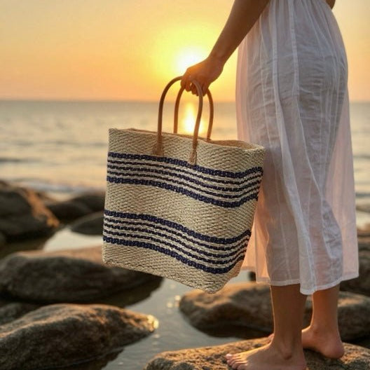 Blue and Cream Striped Sisal Beach Basket - The Hideaway