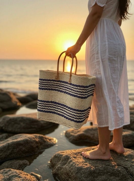 Blue and Cream Striped Sisal Beach Basket - The Hideaway