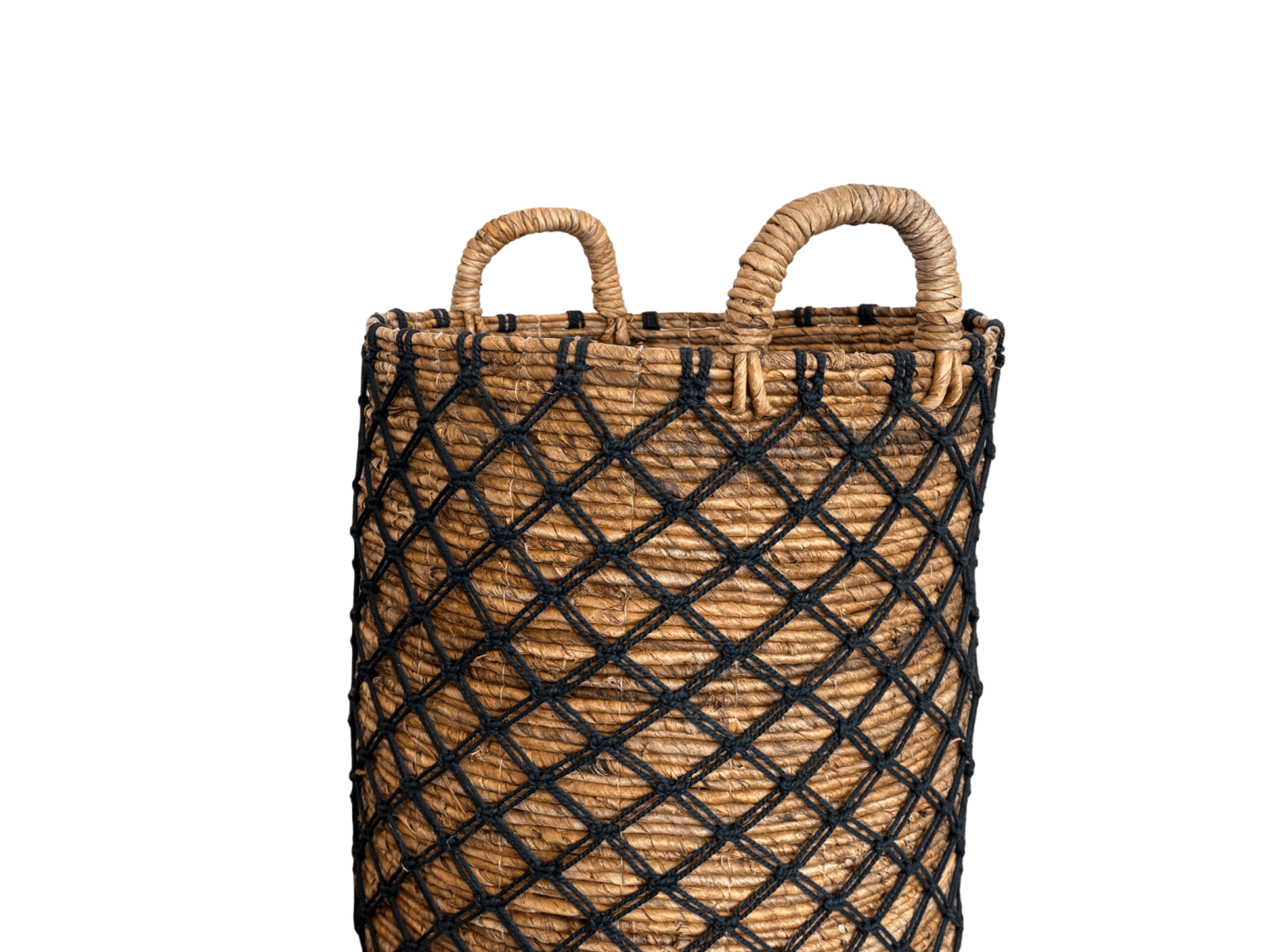 Round Banana Leaf Basket with Black Macrame Detail - The Hideaway
