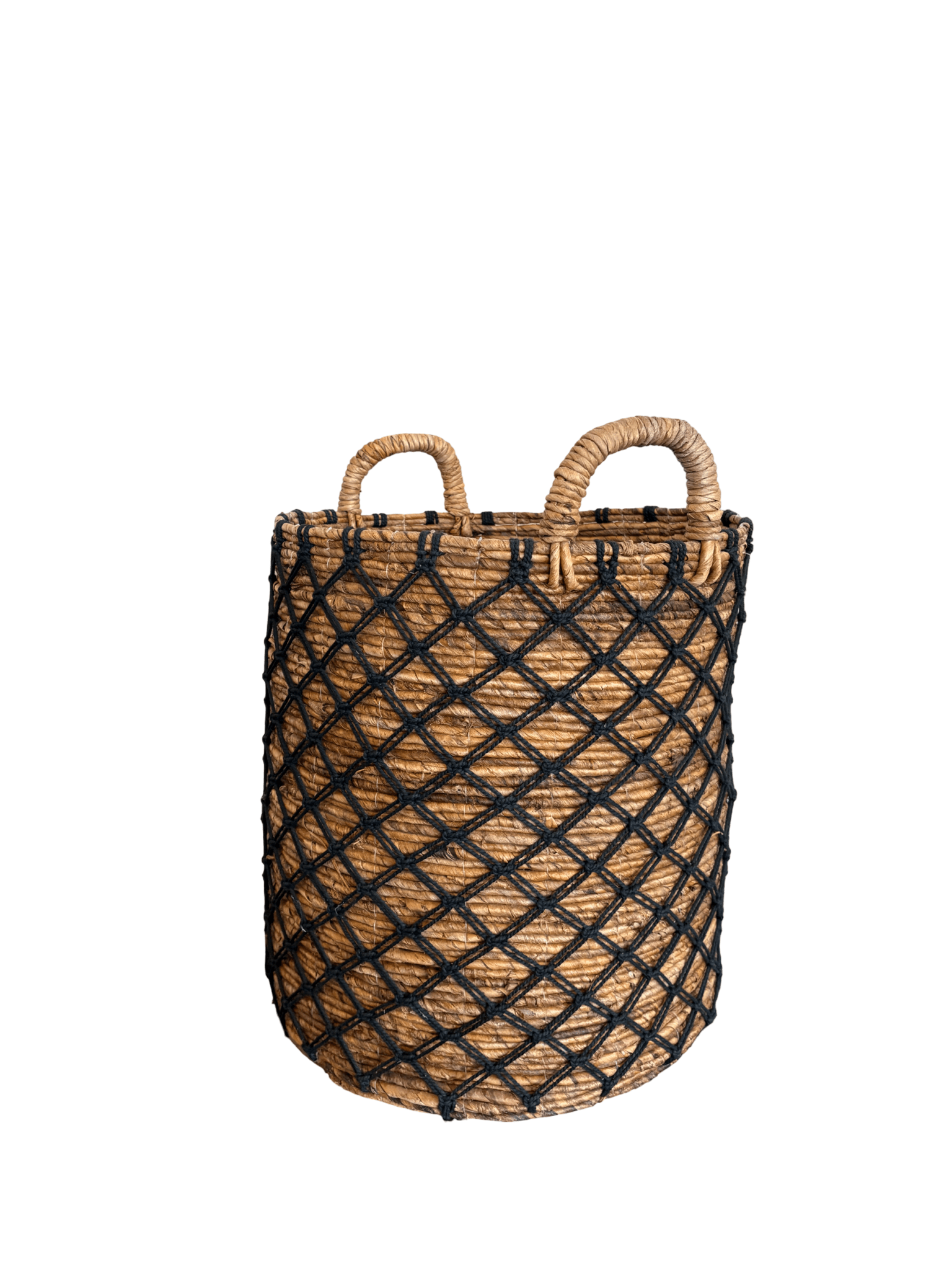 Round Banana Leaf Basket with Black Macrame Detail - The Hideaway