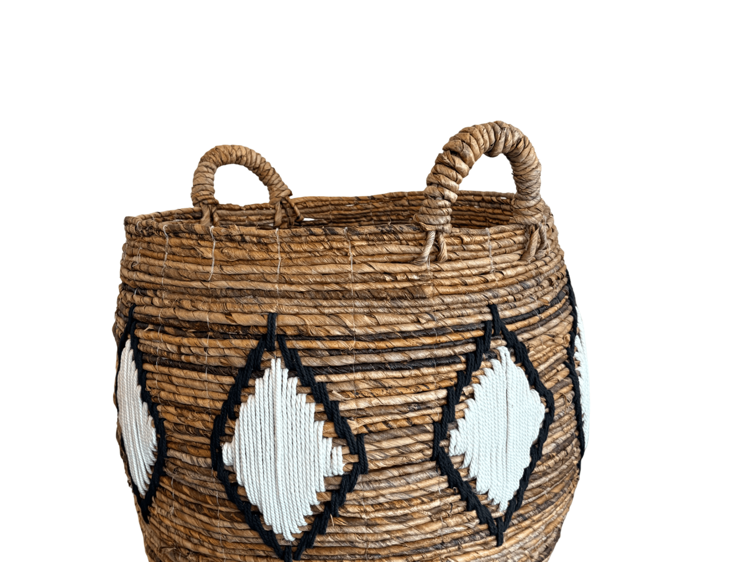 Round Banana Leaf Basket with Black and White Macrame Detail - The Hideaway