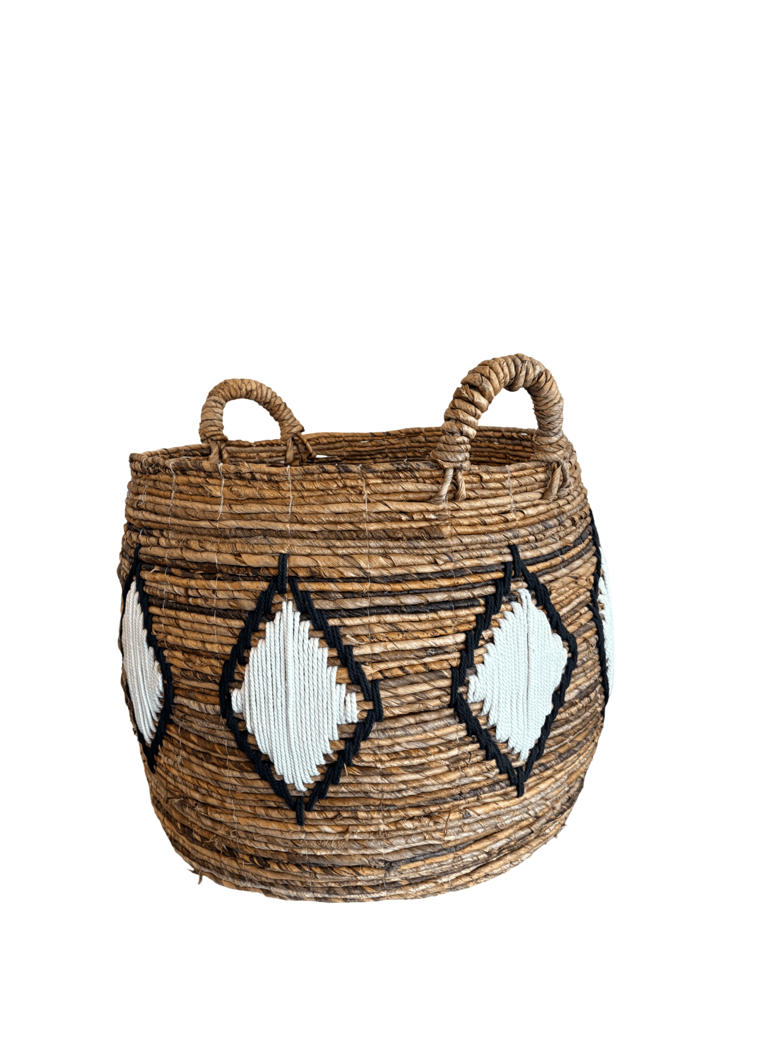 Round Banana Leaf Basket with Black and White Macrame Detail - The Hideaway