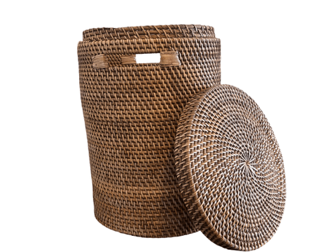 Dark Rattan Cylinder Laundry Basket with Lid - The Hideaway
