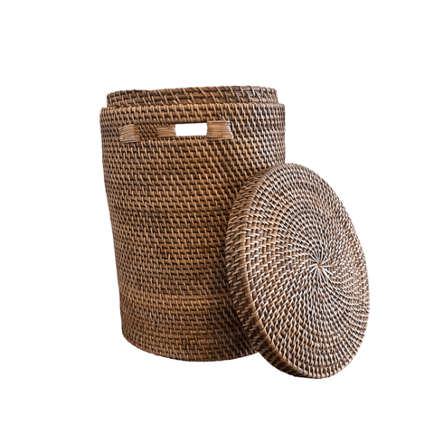 Dark Rattan Cylinder Laundry Basket with Lid - The Hideaway