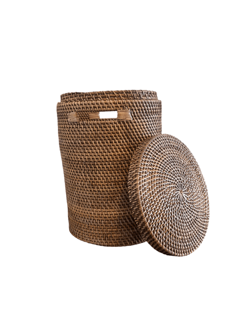 Dark Rattan Cylinder Laundry Basket with Lid - The Hideaway