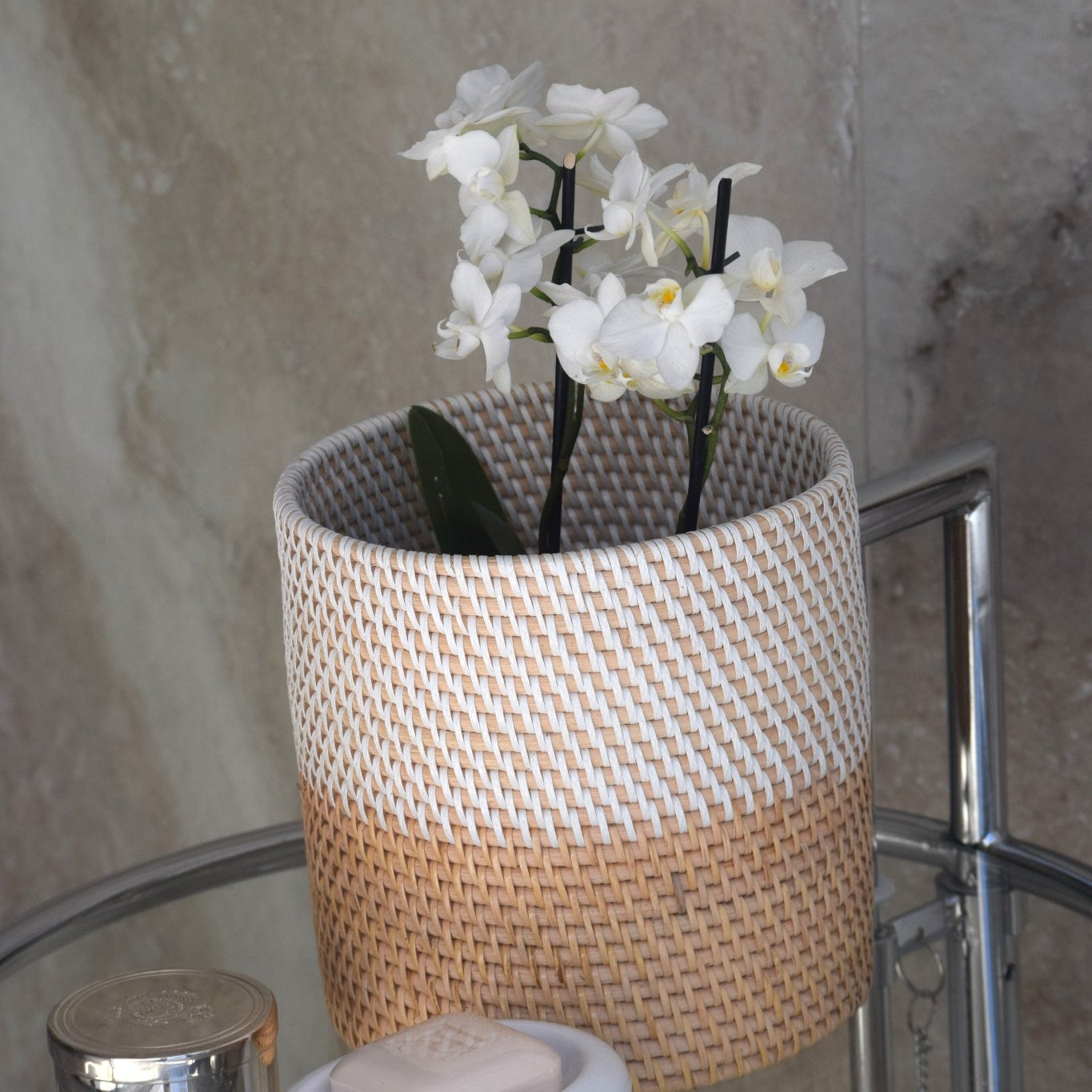 Rattan Waste Paper Basket Natural and White - The Hideaway