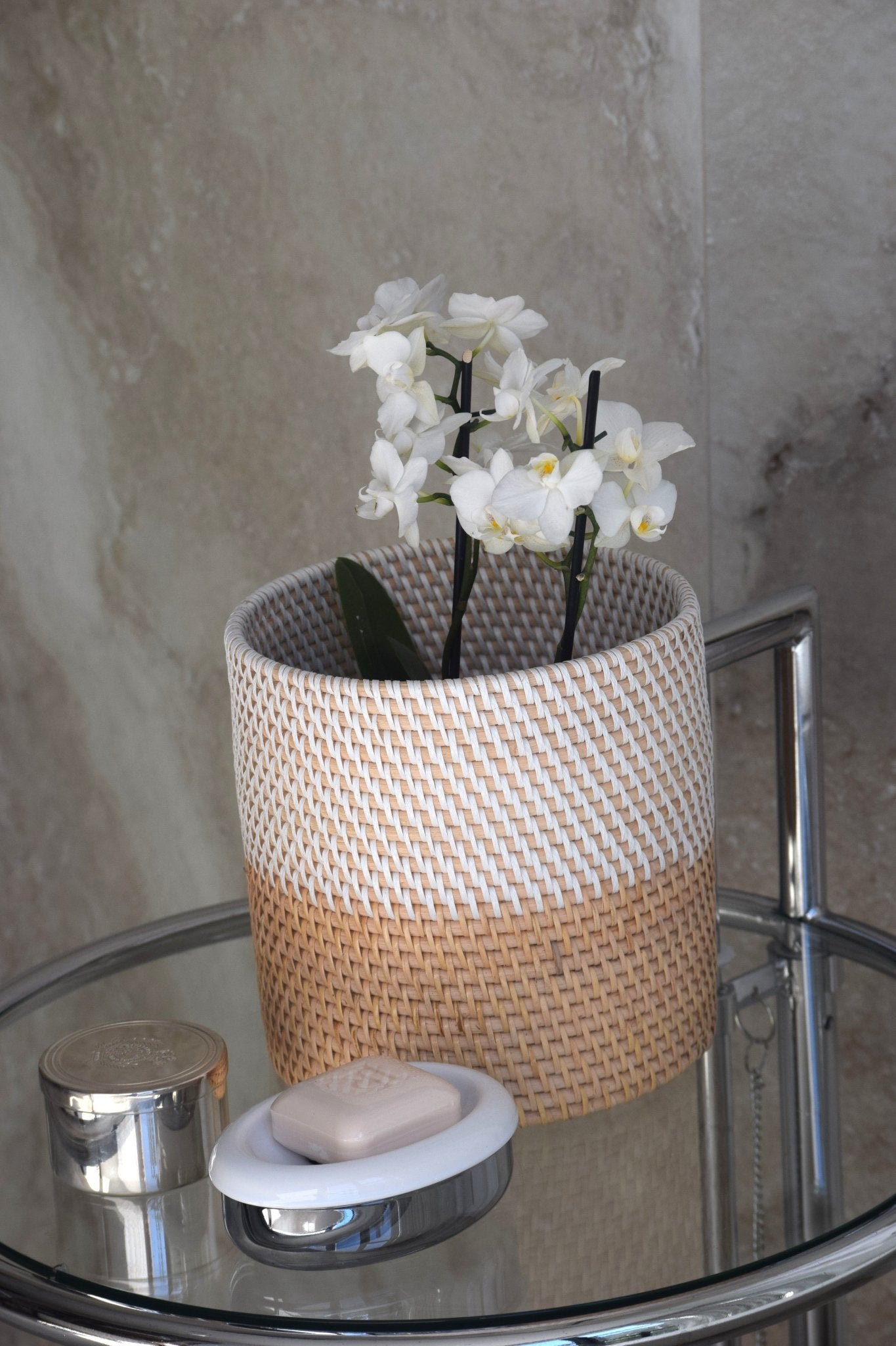 Rattan Waste Paper Basket Natural and White - The Hideaway
