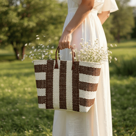 Brown and Cream Striped Sisal Beach Basket - The Hideaway