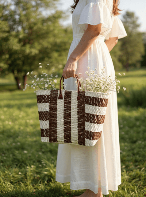 Brown and Cream Striped Sisal Beach Basket - The Hideaway
