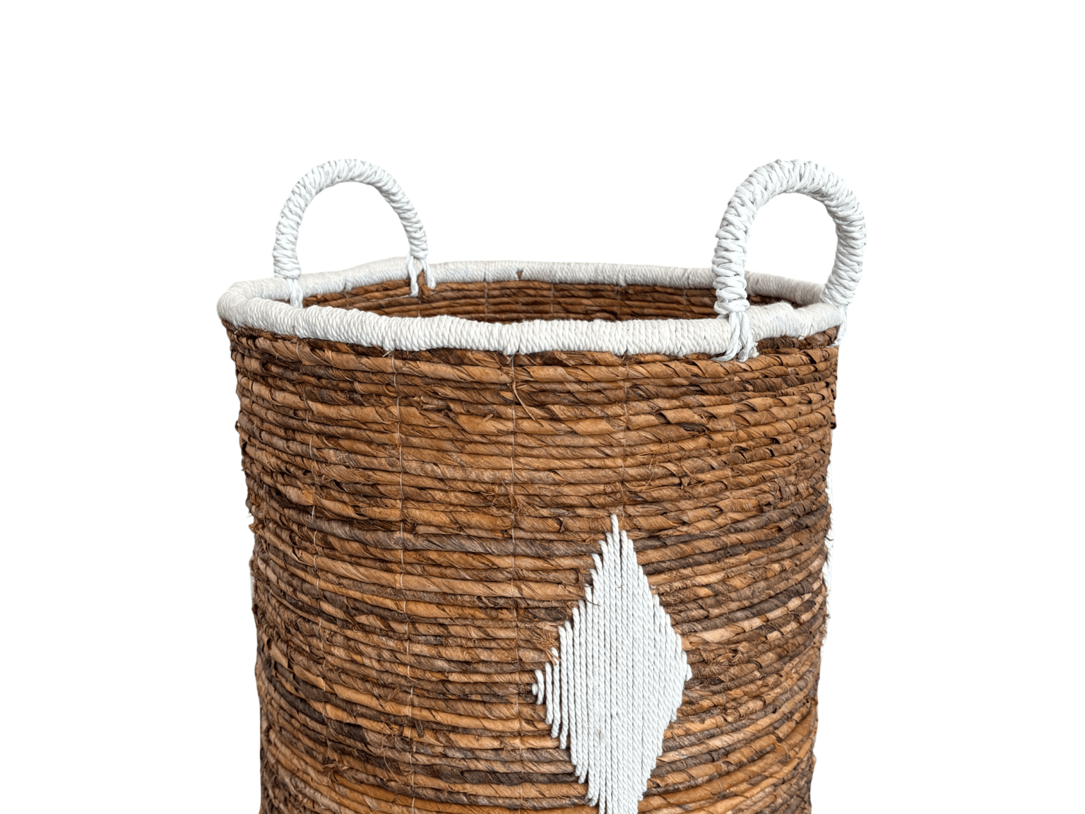 Round Banana Leaf Basket with White Macrame Diamond Detail - The Hideaway