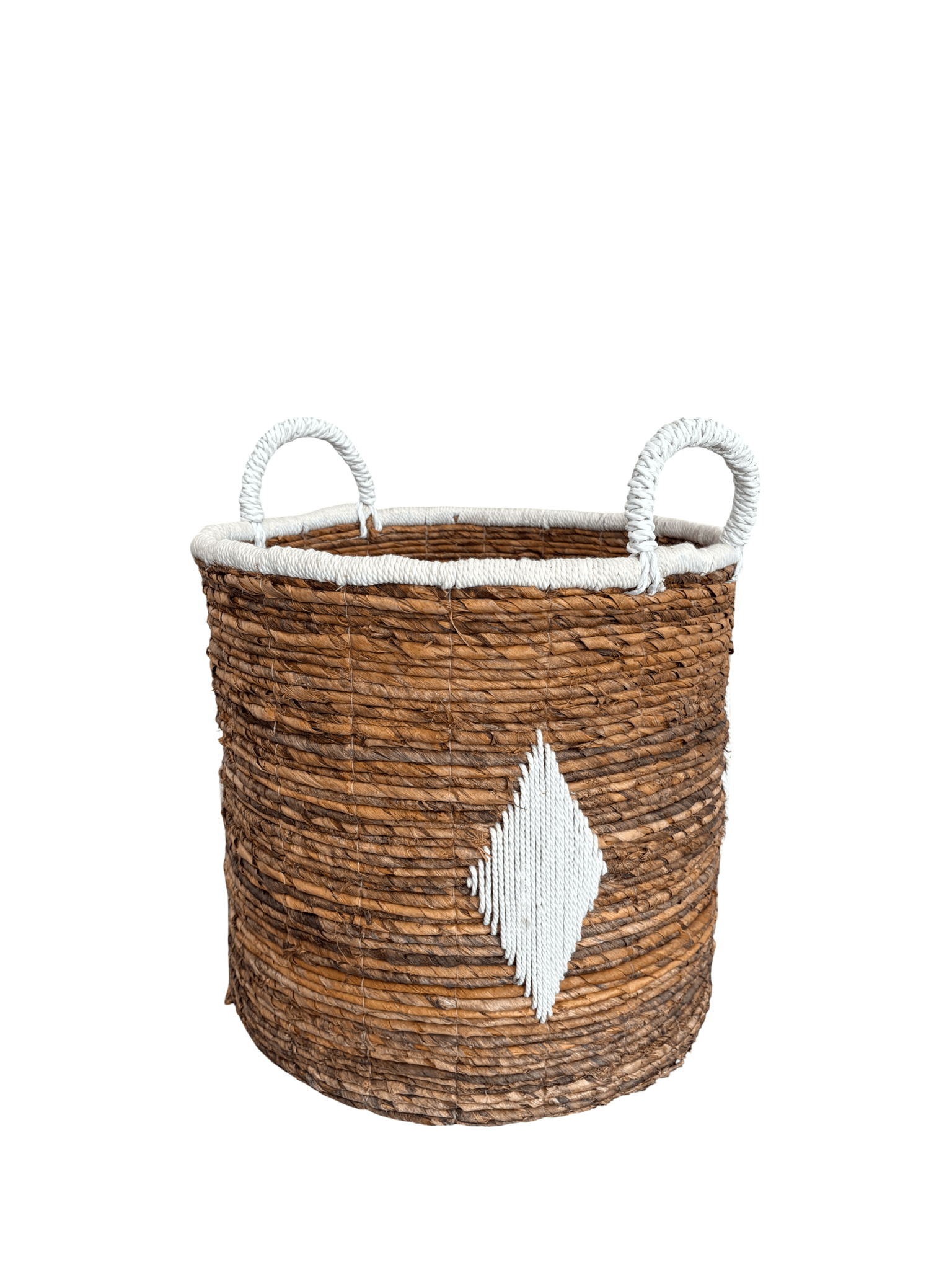Round Banana Leaf Basket with White Macrame Diamond Detail - The Hideaway