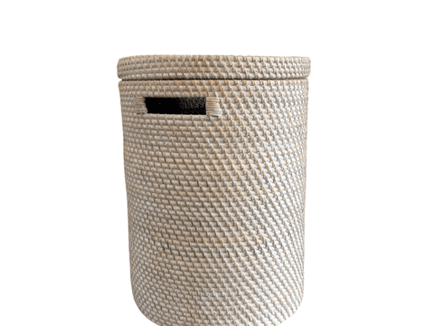 Whitewash Rattan Cylinder Laundry Basket with Lid - The Hideaway