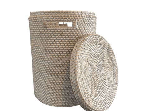 Whitewash Rattan Cylinder Laundry Basket with Lid - The Hideaway