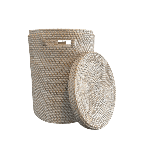 Whitewash Rattan Cylinder Laundry Basket with Lid - The Hideaway