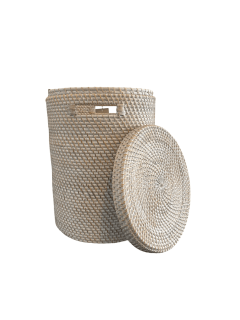 Whitewash Rattan Cylinder Laundry Basket with Lid - The Hideaway