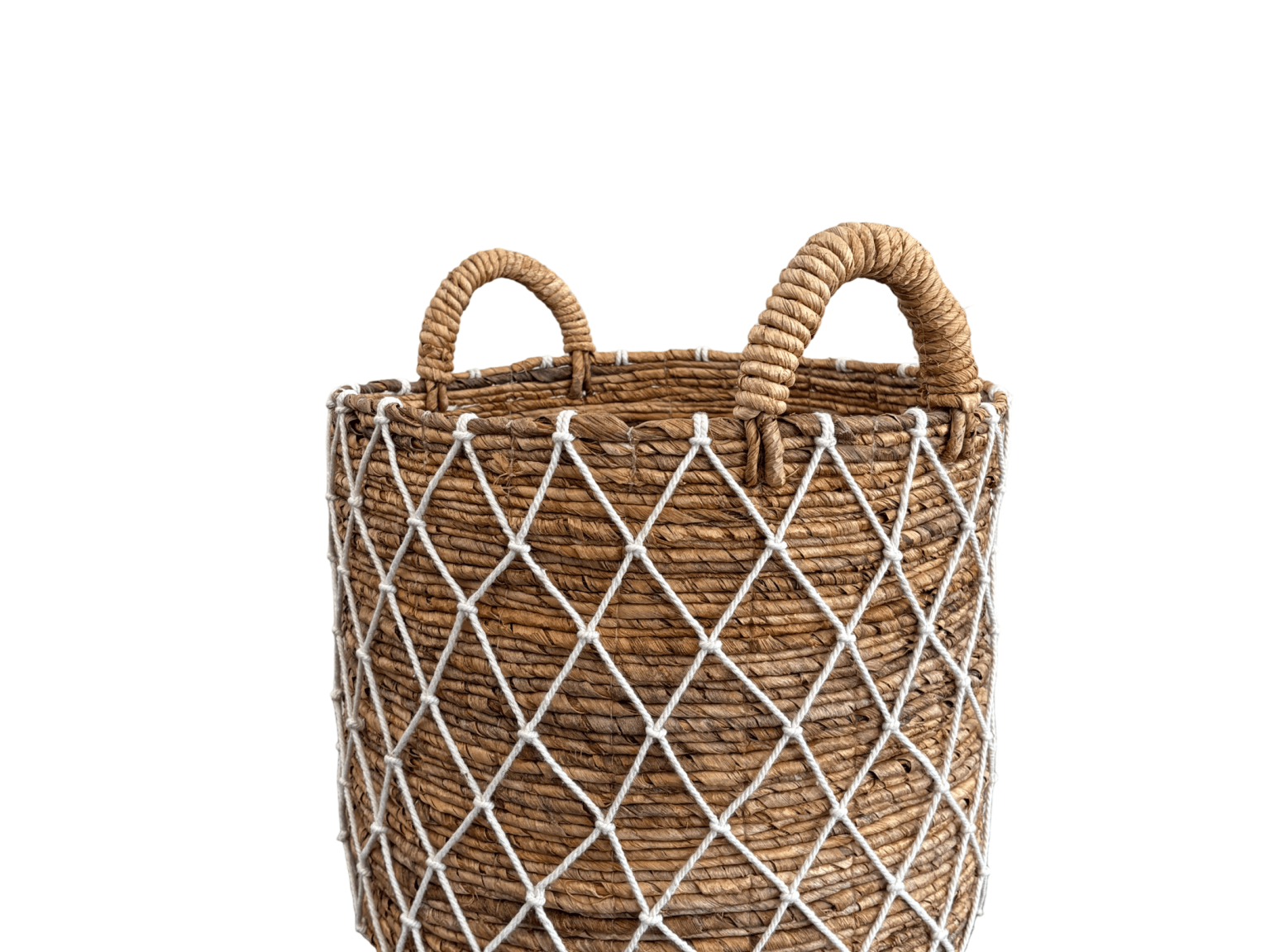 Round Banana Leaf Basket with White Macrame Detail - The Hideaway