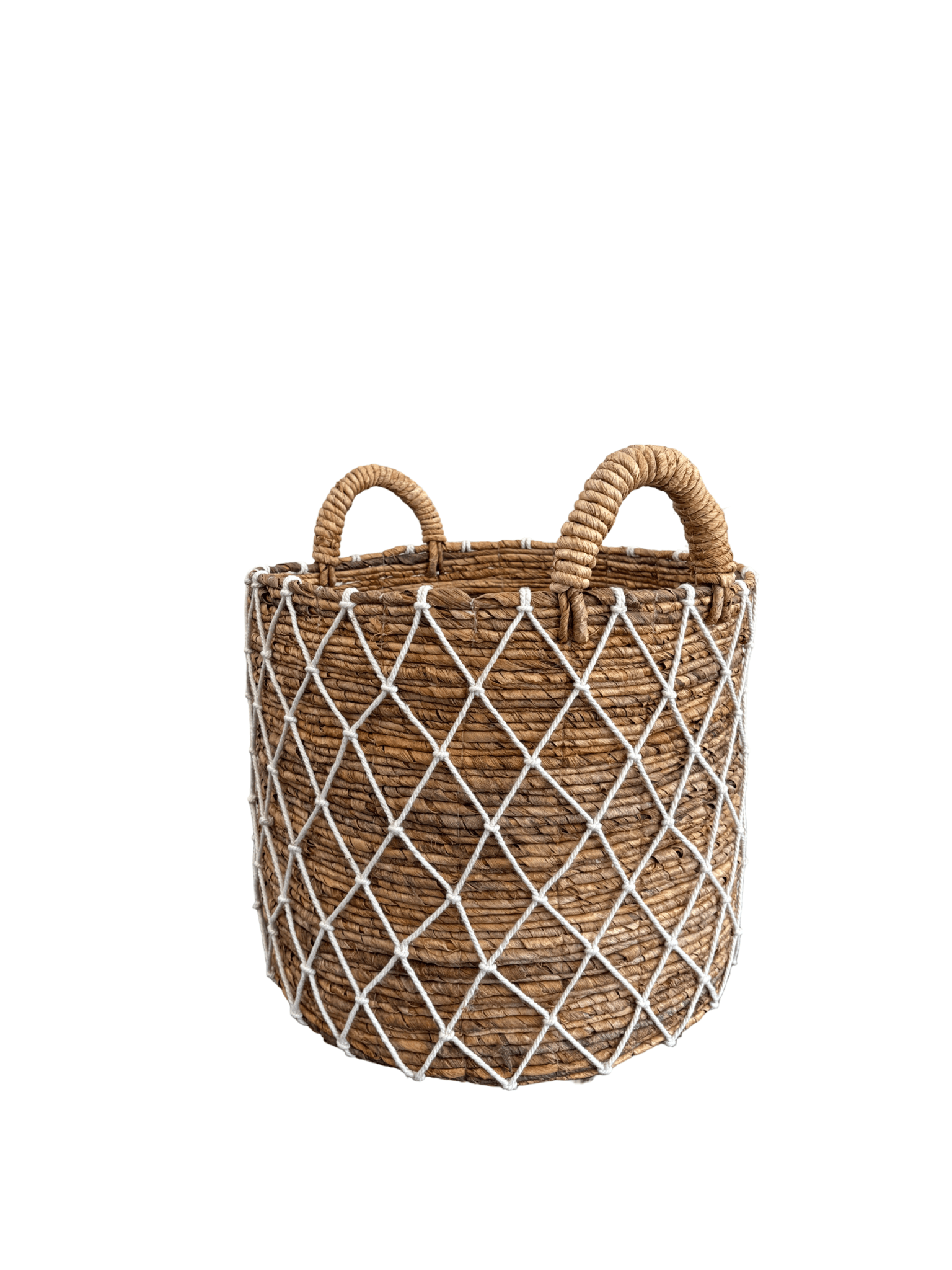 Round Banana Leaf Basket with White Macrame Detail - The Hideaway